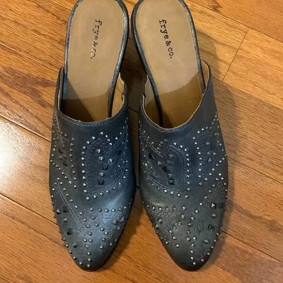 Frye &amp; Co Size 11 Phoenix pewter heeled studded mule shoes NWOT