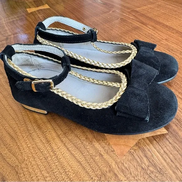 Girl's Empress Noir Suede Bow Mary Jane Dress Flats. Euro Size 30 / US 12.5
