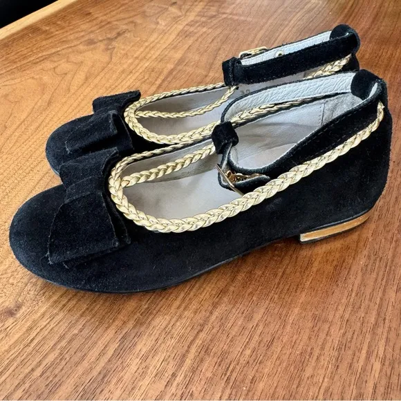 Girl's Empress Noir Suede Bow Mary Jane Dress Flats. Euro Size 30 / US 12.5
