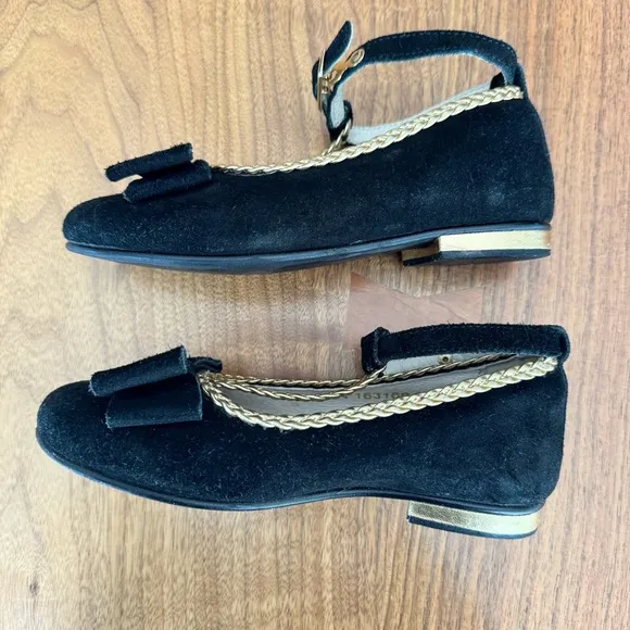 Girl's Empress Noir Suede Bow Mary Jane Dress Flats. Euro Size 30 / US 12.5