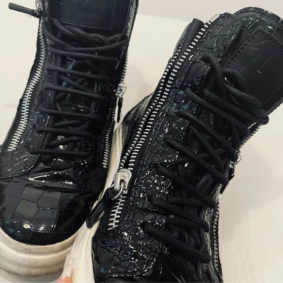 Giuseppe Zanotti Kriss Black Croc Patent Leather Zip High Top Sneakers Unisex