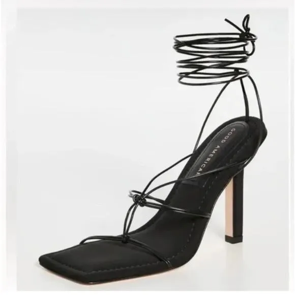 Good American Caged Slanted Sandal Heels Tie Up