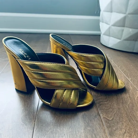 Gucci Napa Silk Gold Mules, size 38