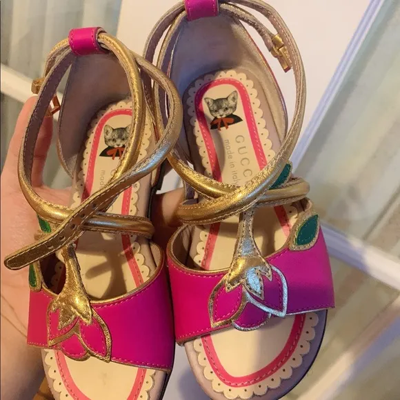 gucci sandals pink floral kids golden leave