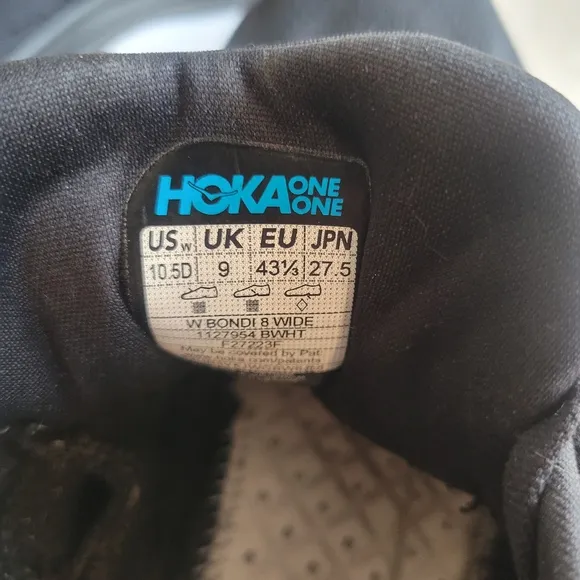 Hoka One Bondi 8 Black Running Shoes Womens Size 10.5 Wide 1127954 BWHT