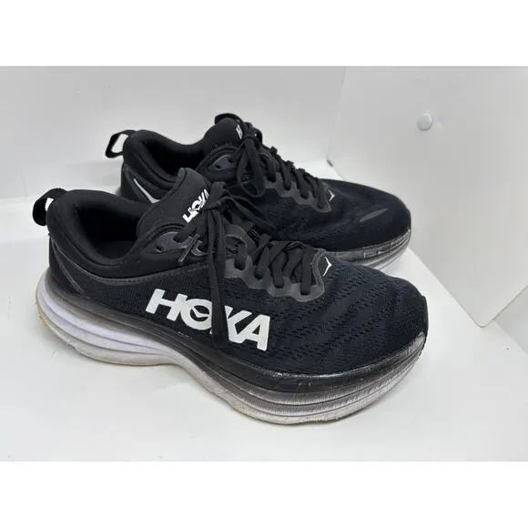 HOKA One One BONDI 8 Women's Size 7.5 D Wide Black White Athletic Sneakers Shoes