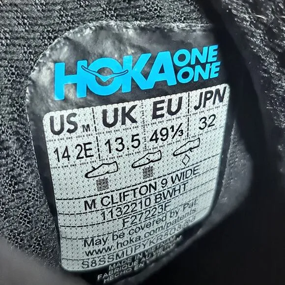 Hoka One One Clifton 9 Black White Men's Wide Sz 14 W (2E) Running Shoes (VGC)
