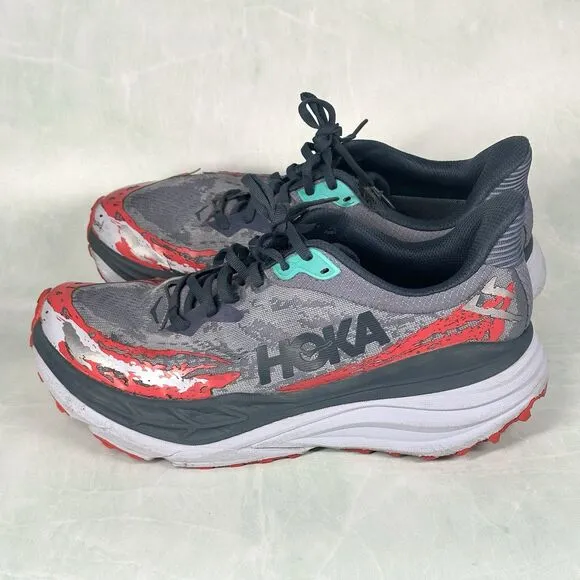 Hoka One One Shoes Mens Size 10.5 D Stinson 7 Trail Running Gray Red Hiking
