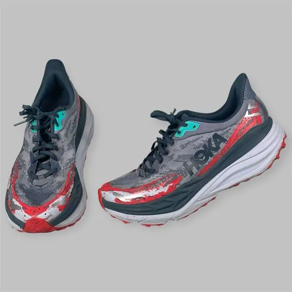 Hoka One One Shoes Mens Size 10.5 D Stinson 7 Trail Running Gray Red Hiking