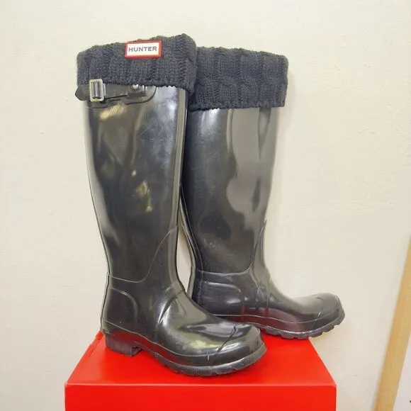 Hunter Original‎ Tall Boot Logo Women's Size 5 Black Gloss Waterproof With Socks