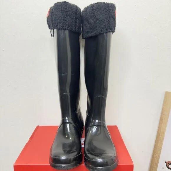 Hunter Original‎ Tall Boot Logo Women's Size 5 Black Gloss Waterproof With Socks
