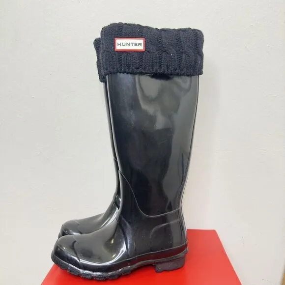 Hunter Original‎ Tall Boot Logo Women's Size 5 Black Gloss Waterproof With Socks