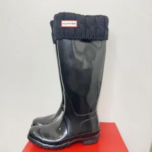 Hunter Original‎ Tall Boot Logo Women's Size 5 Black Gloss Waterproof With Socks
