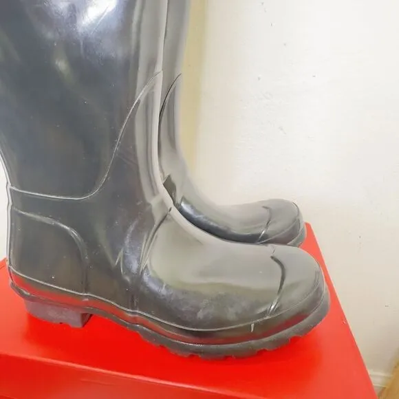 Hunter Original‎ Tall Boot Logo Women's Size 5 Black Gloss Waterproof With Socks