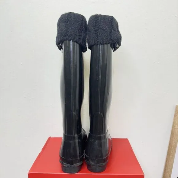 Hunter Original‎ Tall Boot Logo Women's Size 5 Black Gloss Waterproof With Socks