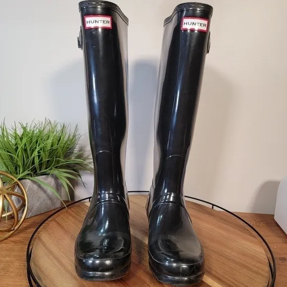 HUNTER Tall Original Rain Waterproof Boots, Black Gloss Women's Size 8