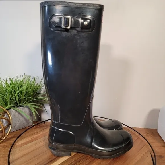 HUNTER Tall Original Rain Waterproof Boots, Black Gloss Women's Size 8