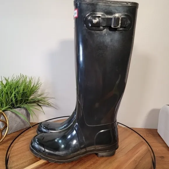 HUNTER Tall Original Rain Waterproof Boots, Black Gloss Women's Size 8
