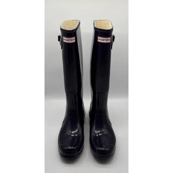 Hunter Womens OG Tall Navy Adjustable Gloss Waterproof Rain Boots SIZE 10 EUC
