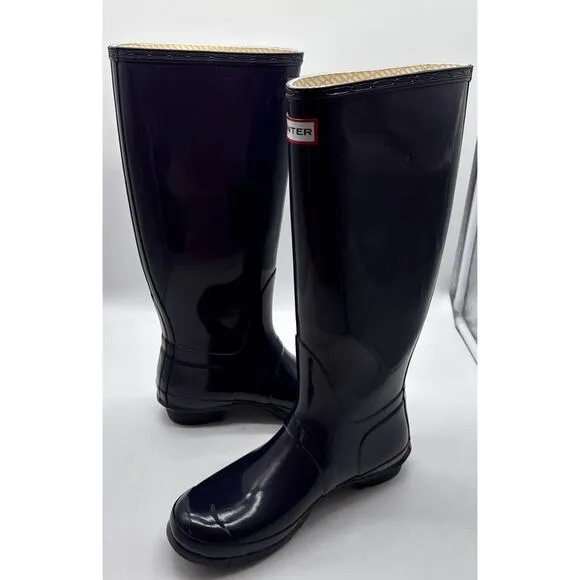 Hunter Womens OG Tall Navy Adjustable Gloss Waterproof Rain Boots SIZE 10 EUC