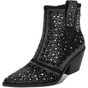 ISNOM Rhinestone Cowboy Sparkly Ankle Boots with Toe and Chunky Heel Design