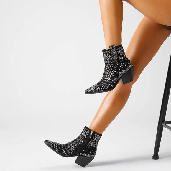 ISNOM Rhinestone Cowboy Sparkly Ankle Boots with Toe and Chunky Heel Design