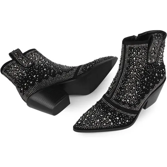ISNOM Rhinestone Cowboy Sparkly Ankle Boots with Toe and Chunky Heel Design