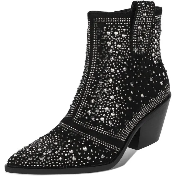 ISNOM Rhinestone Cowboy Sparkly Ankle Boots with Toe and Chunky Heel Design