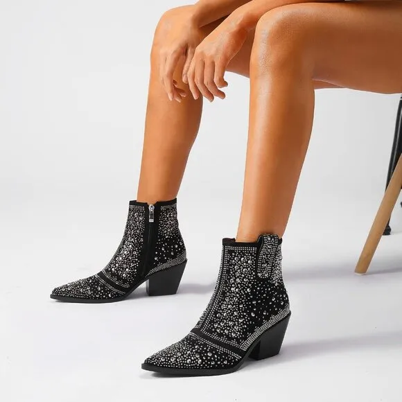 ISNOM Rhinestone Cowboy Sparkly Ankle Boots with Toe and Chunky Heel Design