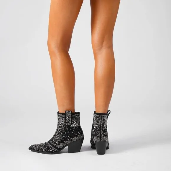 ISNOM Rhinestone Cowboy Sparkly Ankle Boots with Toe and Chunky Heel Design