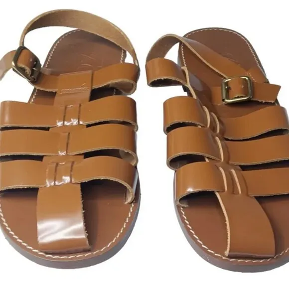J CREW Fisherman Sandals in Shiny Spazzolato Leather Brown Sz 9  Women's Shoes