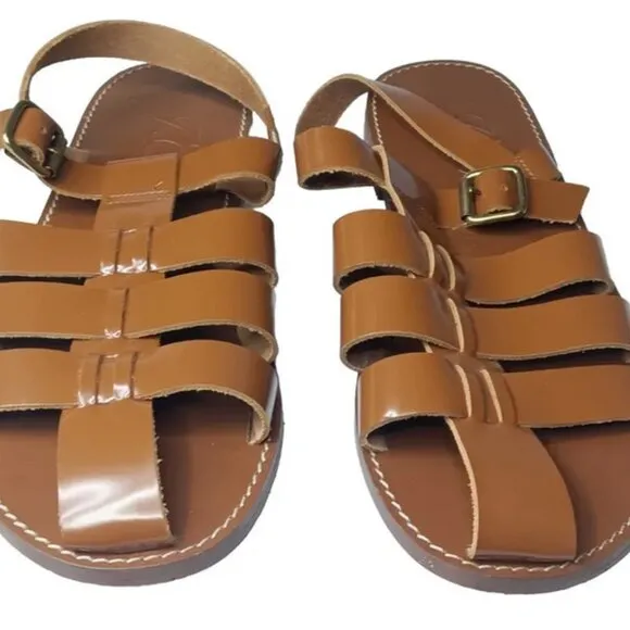 J CREW Fisherman Sandals in Shiny Spazzolato Leather Brown Sz 9  Women's Shoes