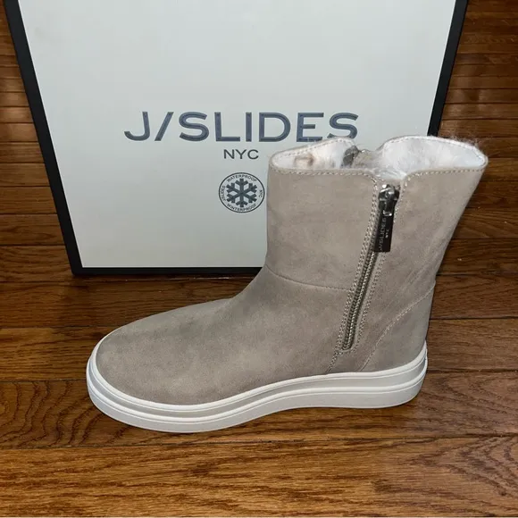 J/Slides NYC Tristan Cozy Lining Suede Sneaker Booties Taupe Women’s Size 5.5