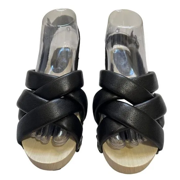 Kelsi Dagger 5.5 Brooklyn Grove Tan Wood &amp; Black Leather Sandals 35.5 women