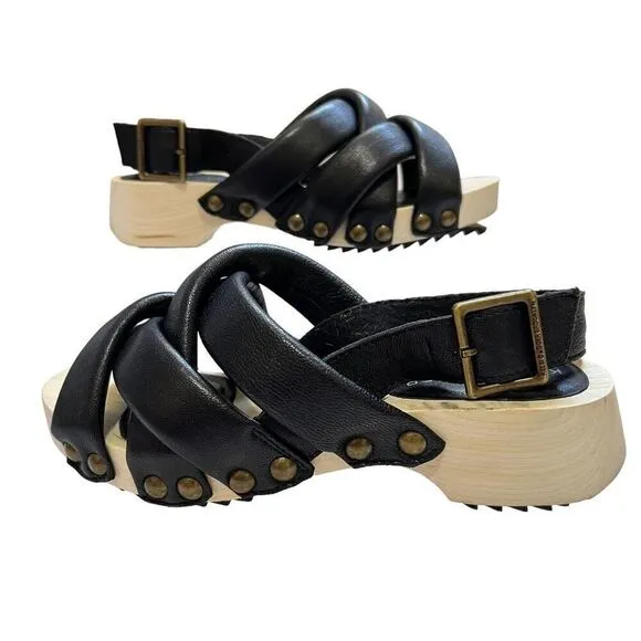 Kelsi Dagger 5.5 Brooklyn Grove Tan Wood &amp; Black Leather Sandals 35.5 women