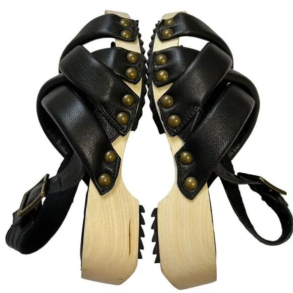 Kelsi Dagger 5.5 Brooklyn Grove Tan Wood &amp; Black Leather Sandals 35.5 women