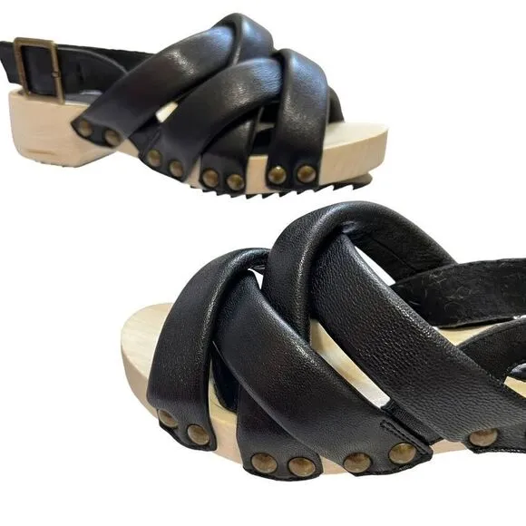 Kelsi Dagger 5.5 Brooklyn Grove Tan Wood &amp; Black Leather Sandals 35.5 women