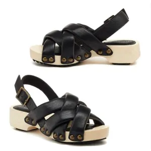Kelsi Dagger 5.5 Brooklyn Grove Tan Wood &amp; Black Leather Sandals 35.5 women