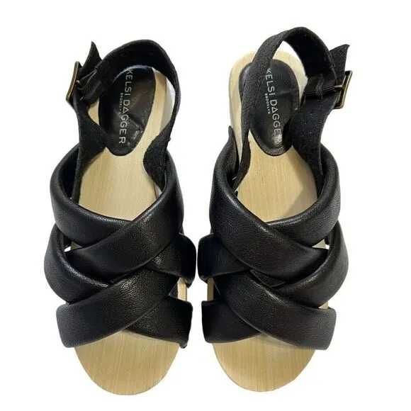 Kelsi Dagger 5.5 Brooklyn Grove Tan Wood &amp; Black Leather Sandals 35.5 women