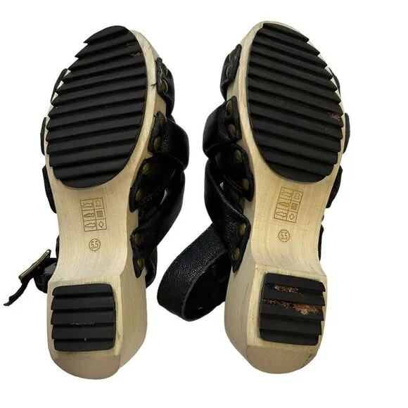 Kelsi Dagger 5.5 Brooklyn Grove Tan Wood &amp; Black Leather Sandals 35.5 women