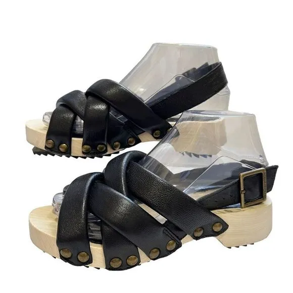 Kelsi Dagger 5.5 Brooklyn Grove Tan Wood &amp; Black Leather Sandals 35.5 women