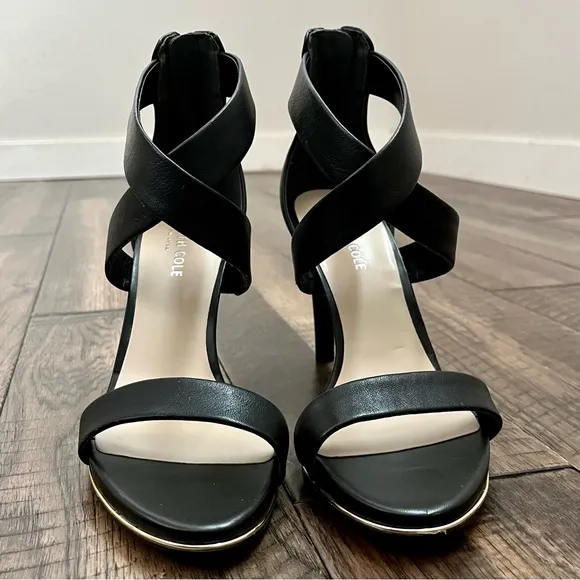 Kenneth Cole Leather Black Strappy Stiletto Heels gold platform,zipper Womens 7M