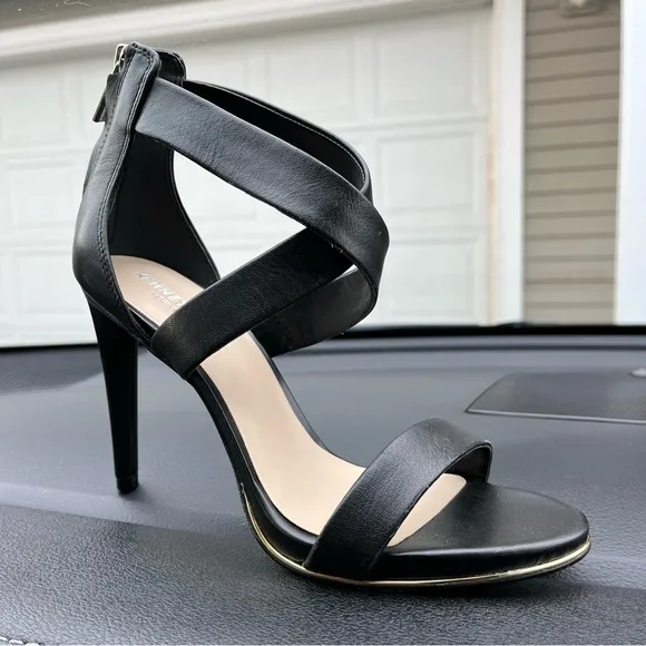 Kenneth Cole Leather Black Strappy Stiletto Heels gold platform,zipper Womens 7M