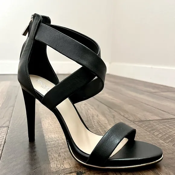Kenneth Cole Leather Black Strappy Stiletto Heels gold platform,zipper Womens 7M