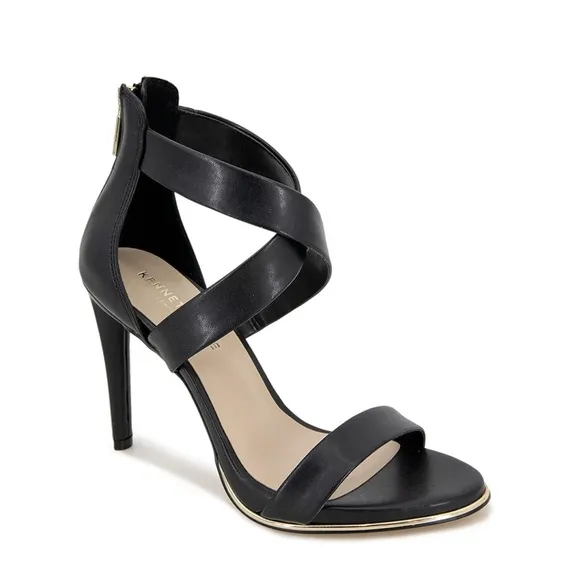 Kenneth Cole Leather Black Strappy Stiletto Heels gold platform,zipper Womens 7M