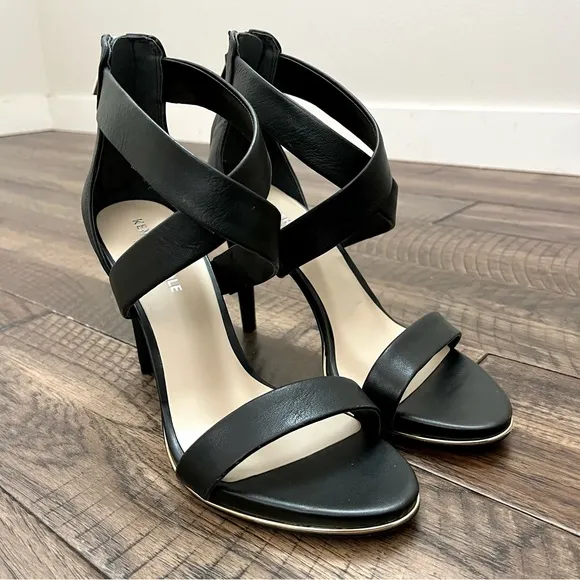 Kenneth Cole Leather Black Strappy Stiletto Heels gold platform,zipper Womens 7M