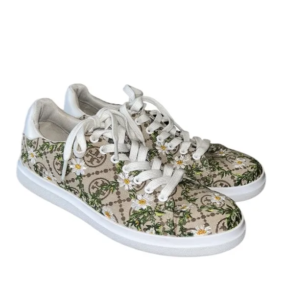 LN Tory Burch Howell Embroidered Daisy Floral Brown Logo Jacquard Sneakers - 7