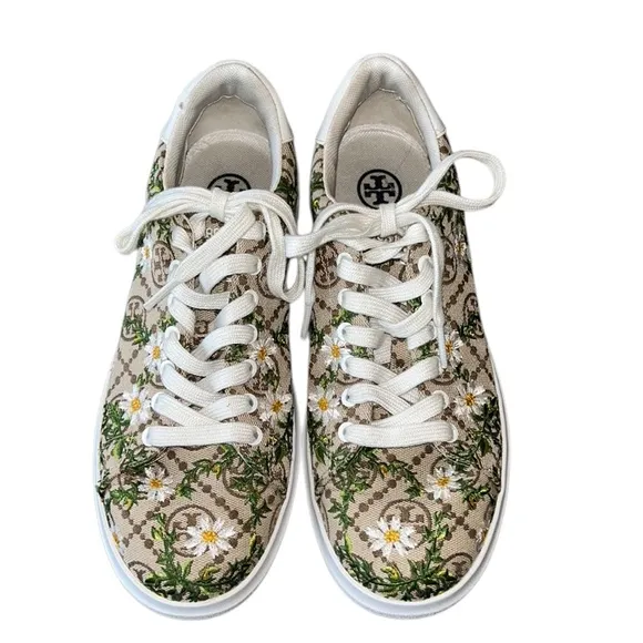 LN Tory Burch Howell Embroidered Daisy Floral Brown Logo Jacquard Sneakers - 7