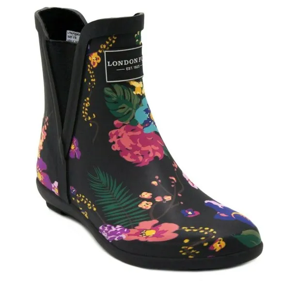 London Fog Piccadilly Women's Rain Boots Floral Black Bootie Sz 7 M