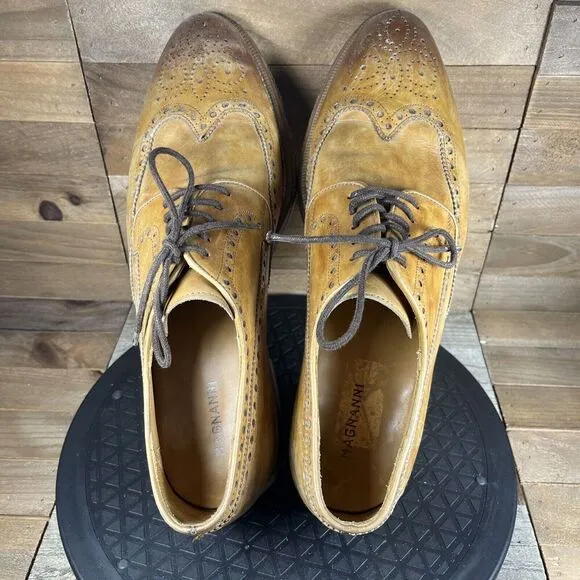 Magnanni Roda Oxford Shoes Mens 9.5M Brown Tan Leather Distressed Wingtip Brogue